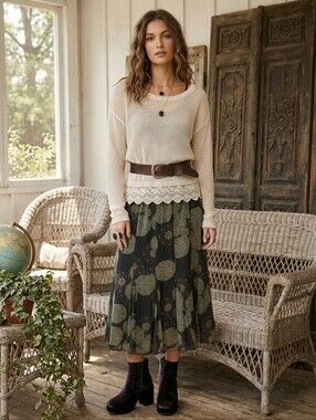 Boho Mandala Printed Rayon Midi Skirt Flowy Ethnic Paisley Flare Pleated Swing